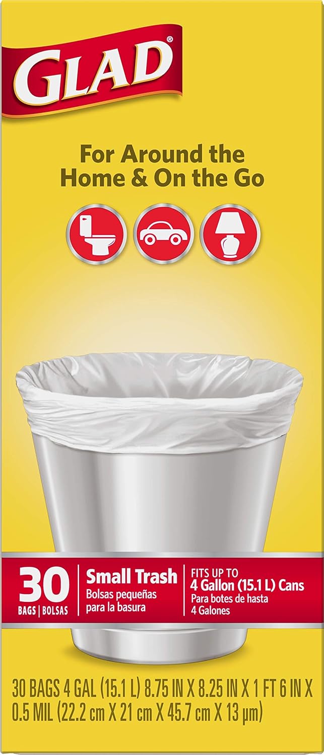 Glad Trash Bags, Small Garbage Bags - 4 Gallon White Trash Bag, Portable Camping and Picnic Liner