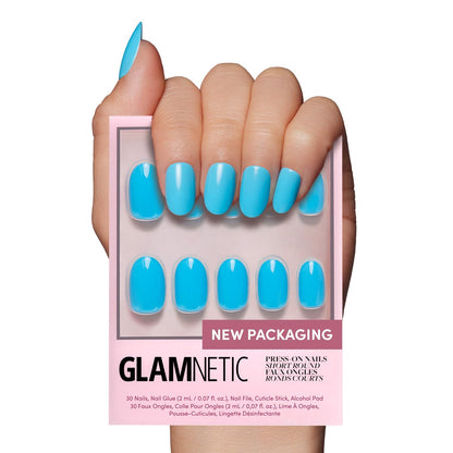 Glamnetic Press On Nails - Azure Blue | Opaque Bright Blue Short Round Fake Nails, Salon Quality | 12 Sizes - 30 Nail Kit