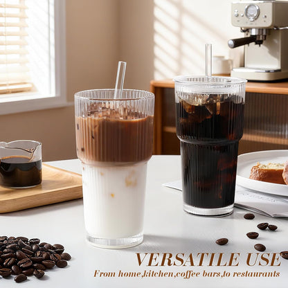 Glassware Luminous – Iced Coffee Glass Cup Thoughtful Birthday Gift for Women, 20oz Ribbed Tumbler Set with Lid and Straw