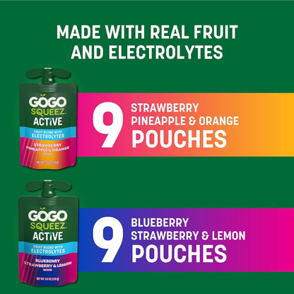 GoGo squeeZ Active Fruit Blend Electrolyte Pouches – Post Workout Recovery Snack for Gym and Run, Real Fruit Vitamins