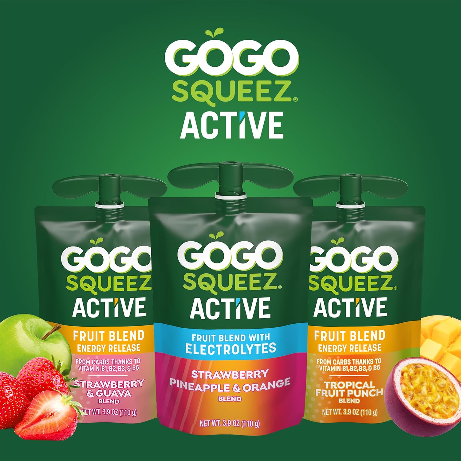 GoGo squeeZ Active Fruit Blend Electrolyte Pouches – Post Workout Recovery Snack for Gym and Run, Real Fruit Vitamins