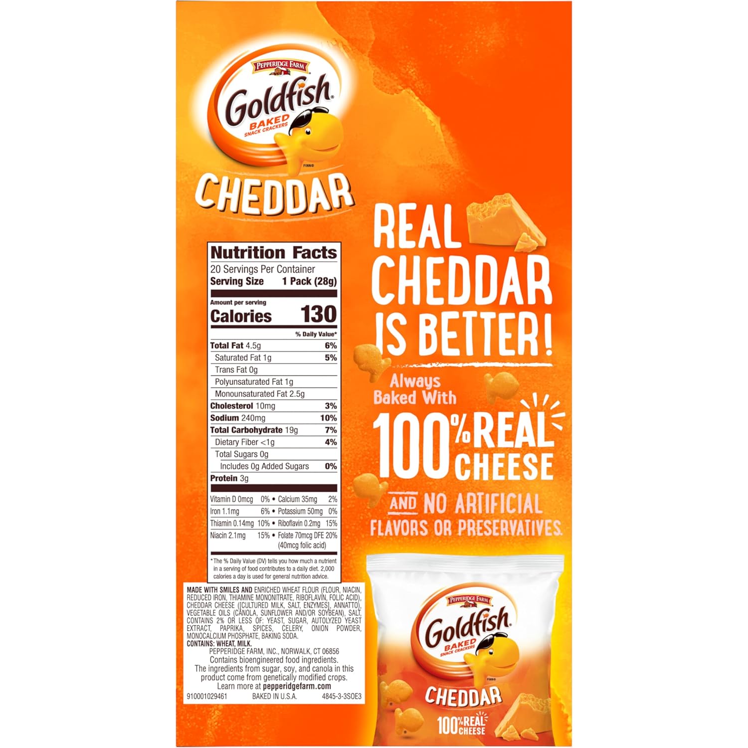 Goldfish Cheddar Cheese Crackers – Nostalgic Care Package Snack for College Students, 20 Single-Serve Pouches