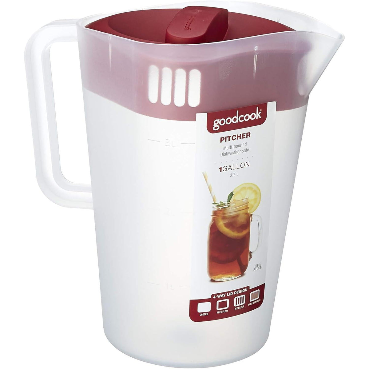 GoodCook 1 Gallon Pitcher – Shatter-Proof Family Safe Drink Server, BPA-Free Plastic with 4-Way Strainer Lid