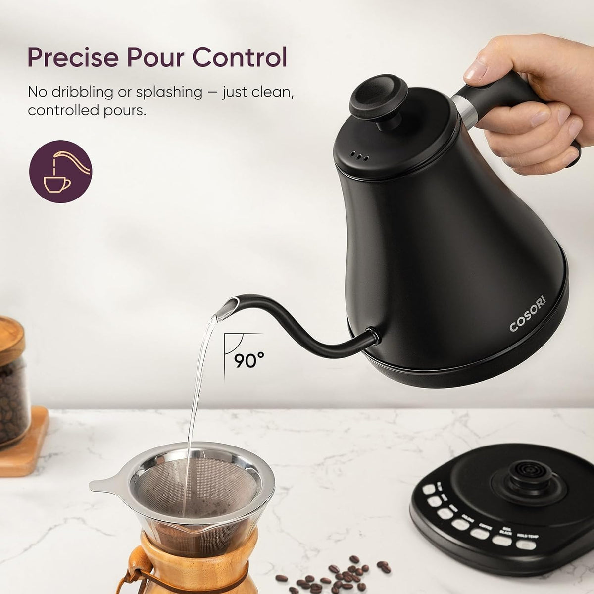 gooseneck spout engineered for precise, steady pour-over flow