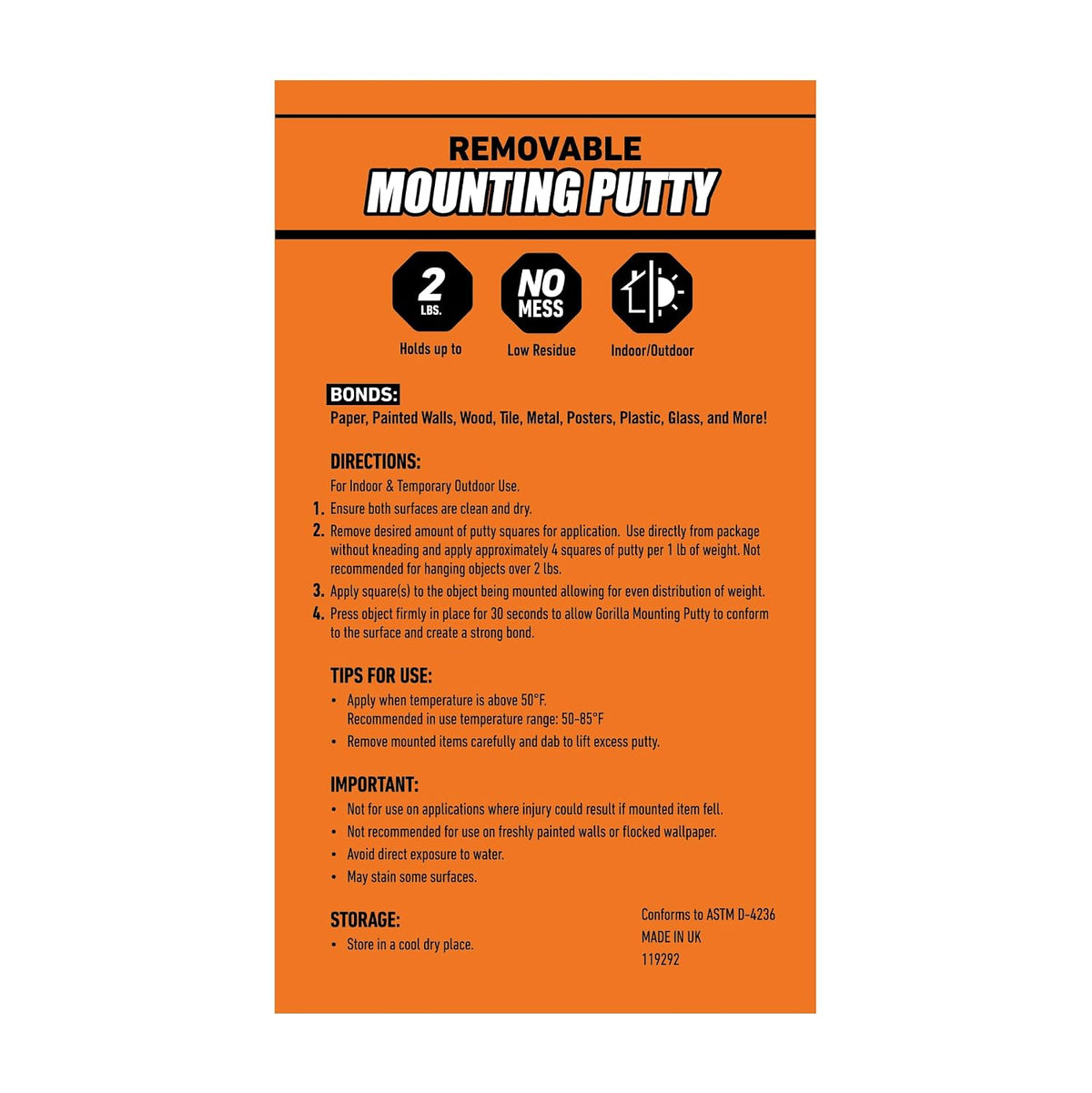 Gorilla Removable Mounting Putty Tan Wall Adhesive for Seasonal Art Rotation, Clean Look on Every Surface