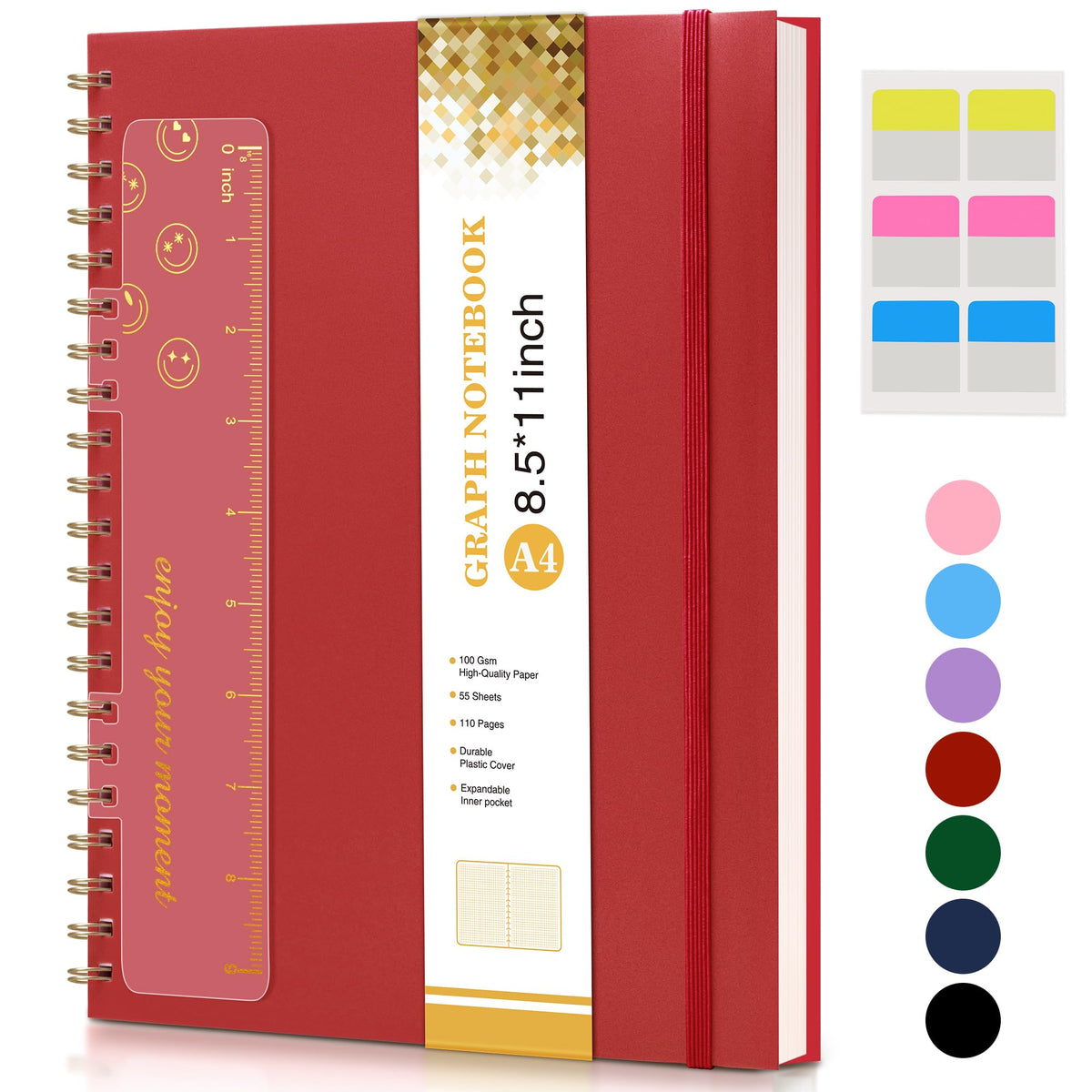 Graph Paper Notebook, Spiral Notebook Journal 8.5” x 11”, A4 Large Grid Notebooks for Women Men, 100 GSM Graph Paper, Plastic Hardcover Spiral Graphing Journals for Work School Engineerin, Red