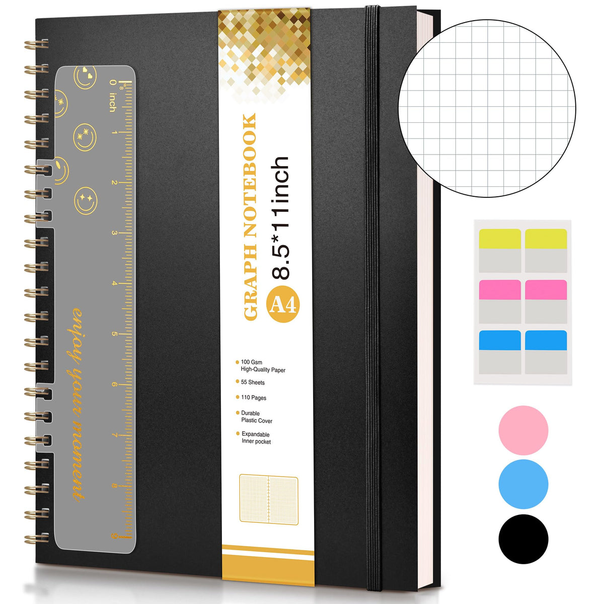 Graph Paper Notebook, Spiral Notebook Journal 8.5” x 11”, A4 Large Grid Notebooks for Women Men, 100 GSM Graph Paper, Plastic Hardcover Spiral Graphing Journals for Work School Engineerin, Black