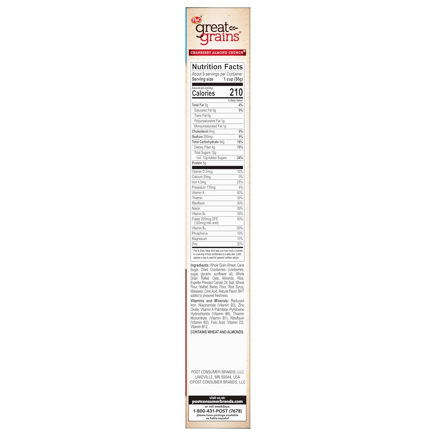 Great Grains Cranberry Almond Crunch Cereal – Fast Weekday Breakfast for Home Office Focus, 17 oz Box