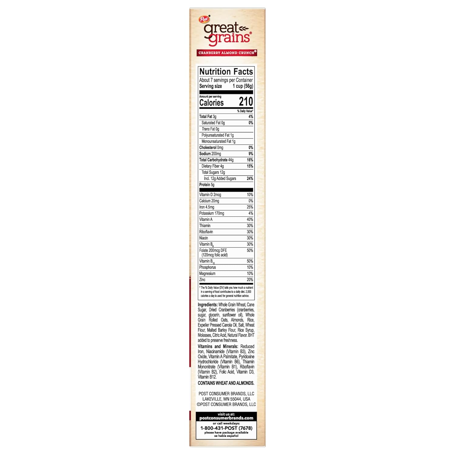 Great Grains Cranberry Almond Crunch Cereal – Quick Sustained-Energy Breakfast for Busy Workdays, 14 oz Box