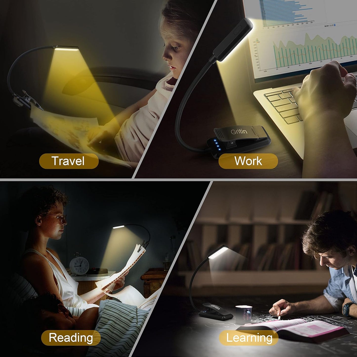 Gritin 9 LED Rechargeable Book Light for Reading in Bed - Eye Friendly Wind Down Light for Nightly Reading Ritual, 3 Color Temperatures Soft Clip on Book Light