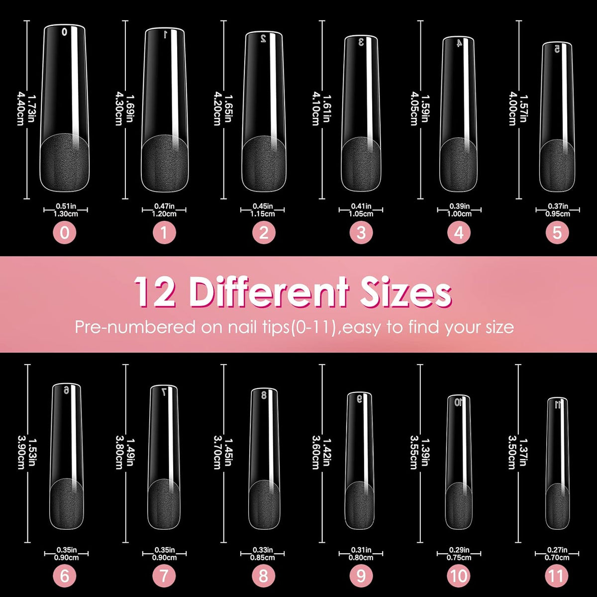 half cover tip construction compatible with gel, acrylic, and press-on application