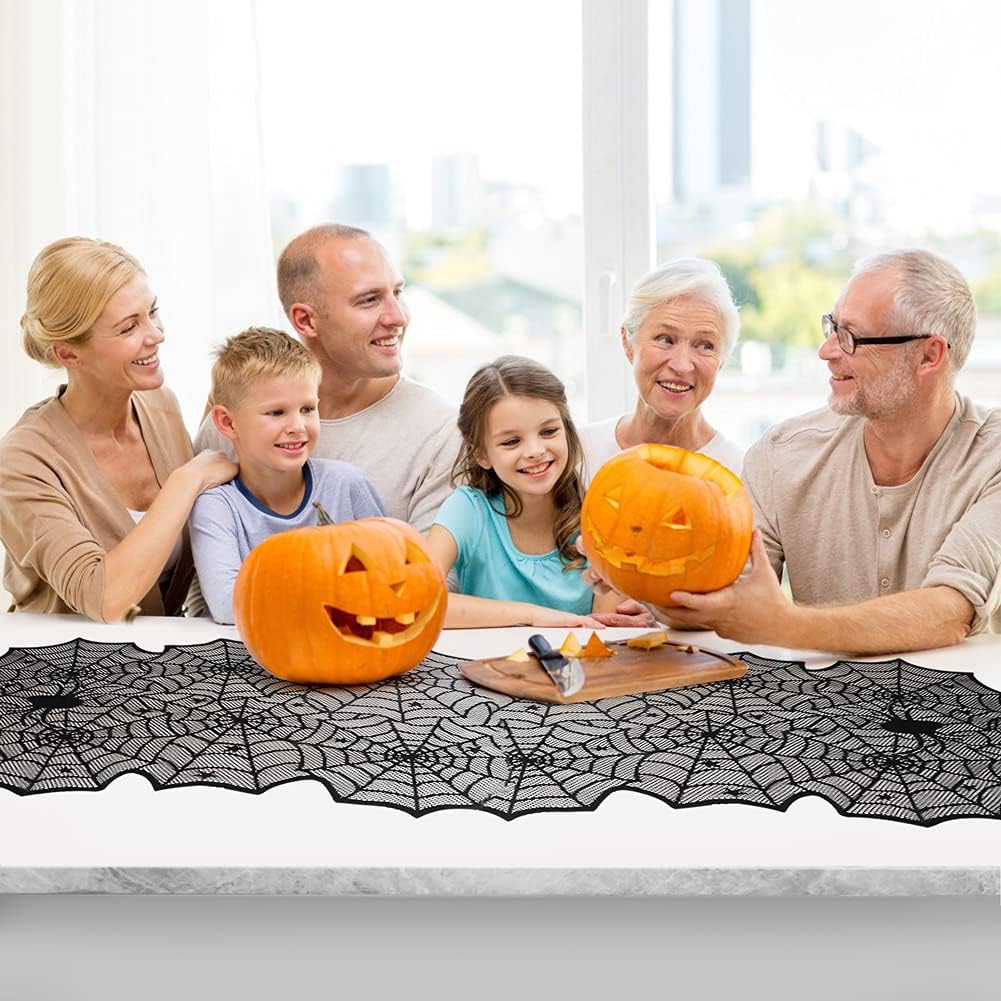 Halloween Lace Spider Web Table Runner 18x72 Inch – Kid-Friendly No-Flame Decor for Family Dinner Table and Party Setup