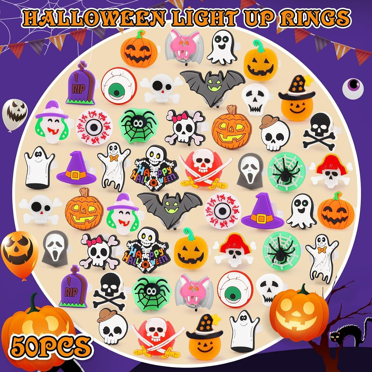 Halloween Trick or Treat LED Rings 50 Pack, Outdoor Night Visibility Light Up Finger Toy for Costume Walk