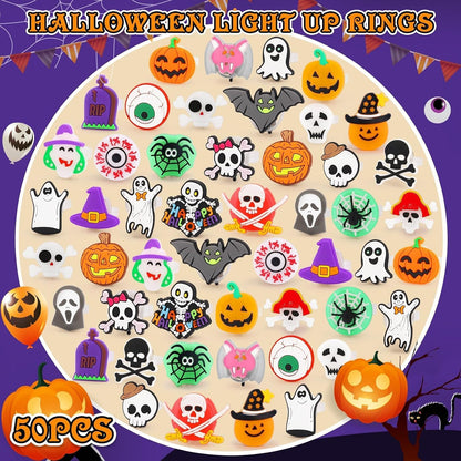 Halloween Trick or Treat LED Rings 50 Pack, Outdoor Night Visibility Light Up Finger Toy for Costume Walk