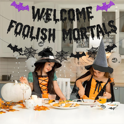 Halloween Welcome Foolish Mortals Banner Set – Living Room & Entryway Haunted Mansion Wall Decor with Bat and Spider Web Accents