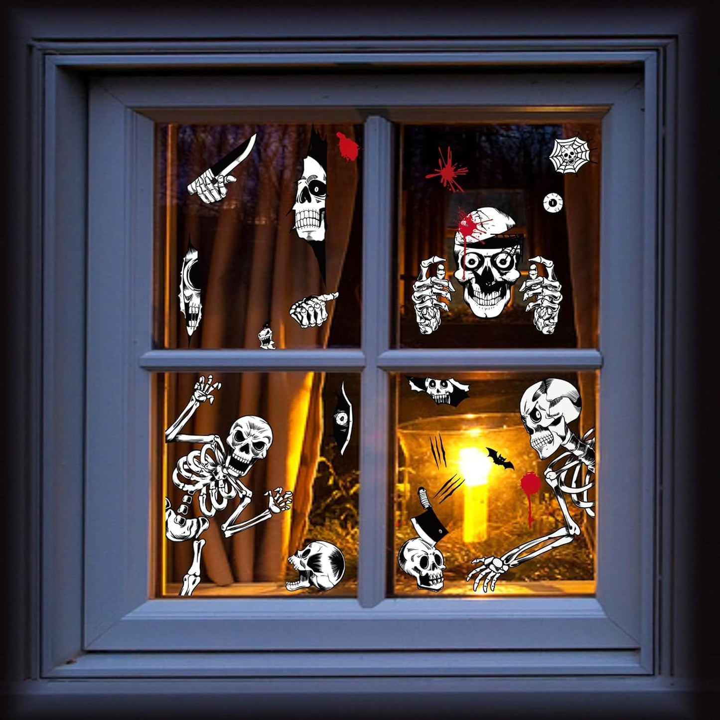 Halloween Window Clings - Spooky Skeleton & Skull Decals for Living Room and Bedroom Glass Decor, Reusable PVC Static Stickers