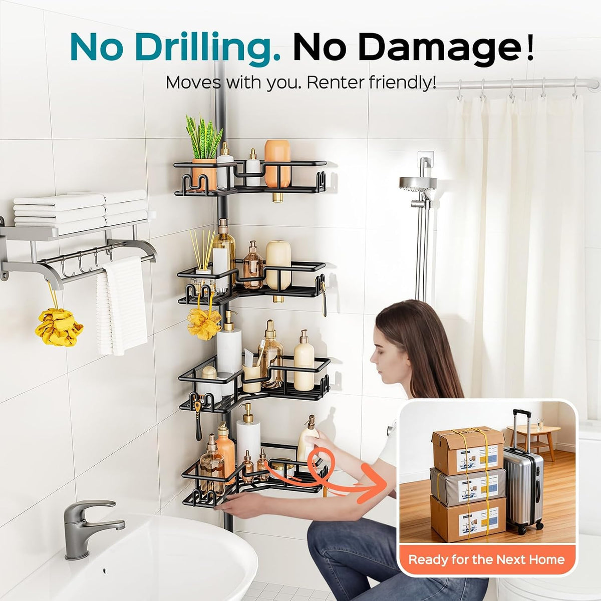HAMITOR 4-Tier Corner Shower Caddy – Neutral Khaki Finish for Intentional, Calming Bathrooms