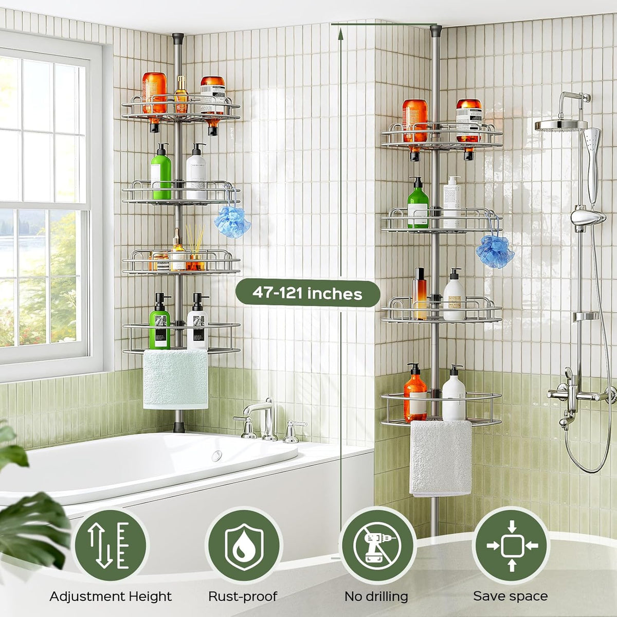 HAMITOR Tension Pole Corner Shelf – Stable 4-Tier Bathroom Organizer with Non-Tipping Base Under 20–22 lb Loads