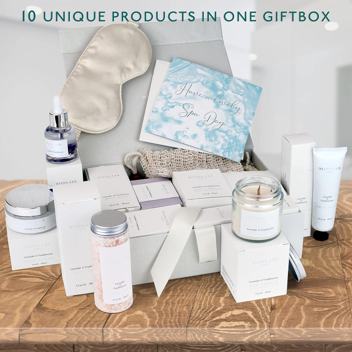hand balm, sleep mask, sisal soap bag, and body scrub for full-body pampering routine