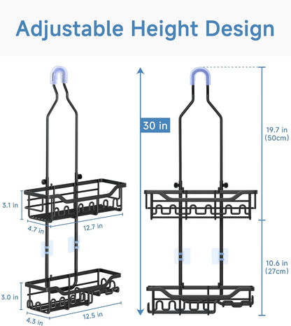 hanging over-shower-head mount with anti-slip silicone and adhesive stabilizing hooks