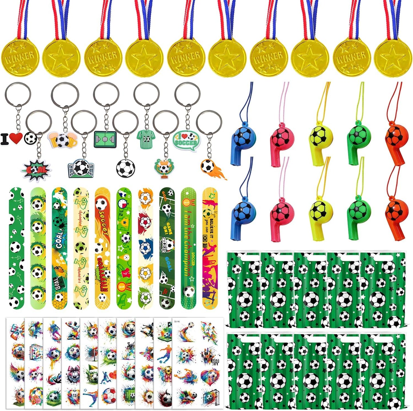 Happyhapi Soccer Birthday Supplies – 10-Set Kids Party Favor Kit with Keychains, Tattoos, and Bags for Nursery and Playroom Gatherings