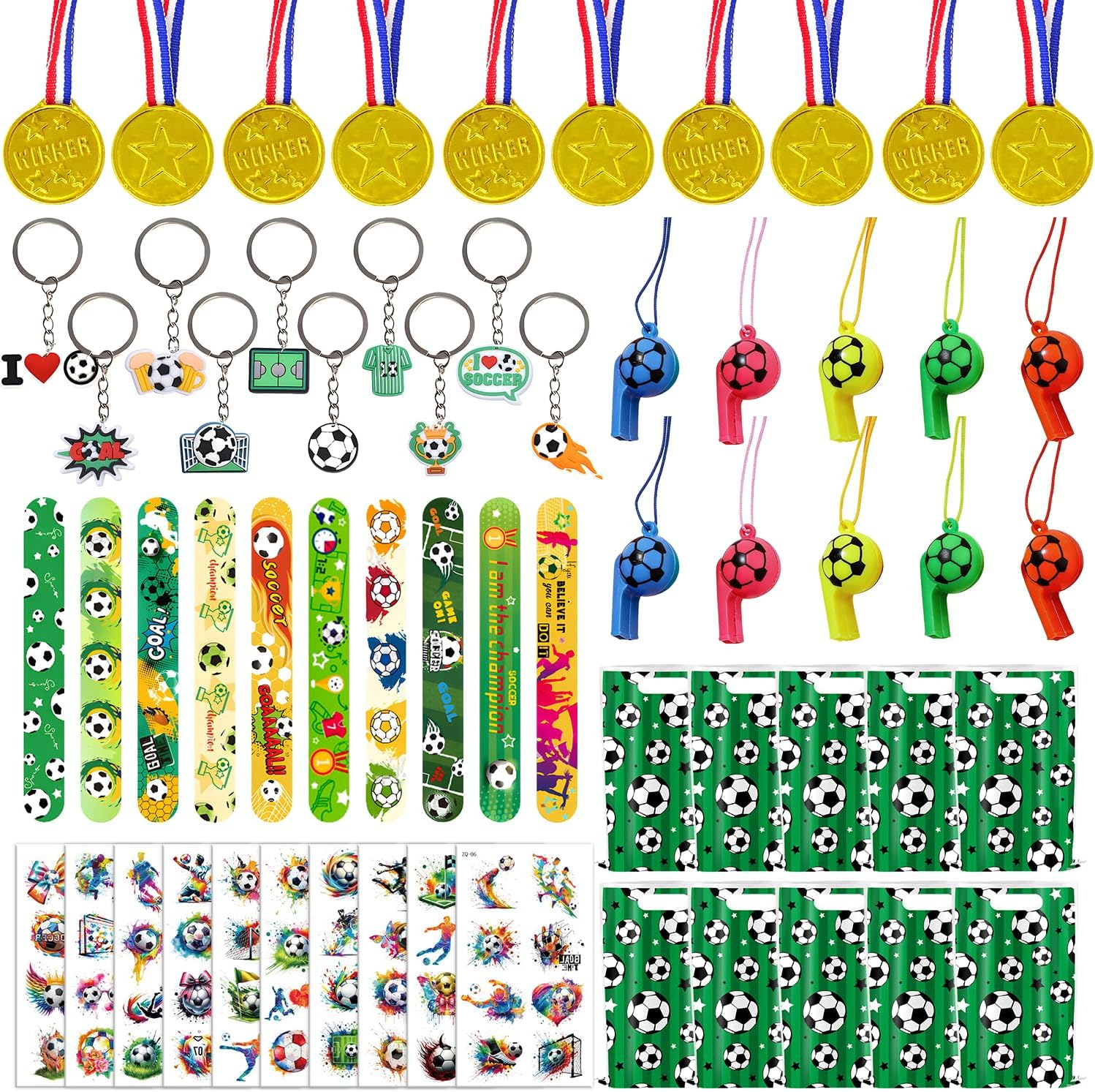 Happyhapi Soccer Birthday Supplies – 10-Set Kids Party Favor Kit with Keychains, Tattoos, and Bags for Nursery and Playroom Gatherings