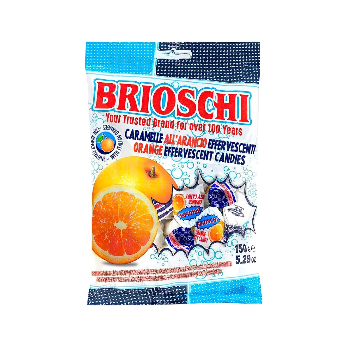 hard orange candy shell with a bursting fizzy effervescent center