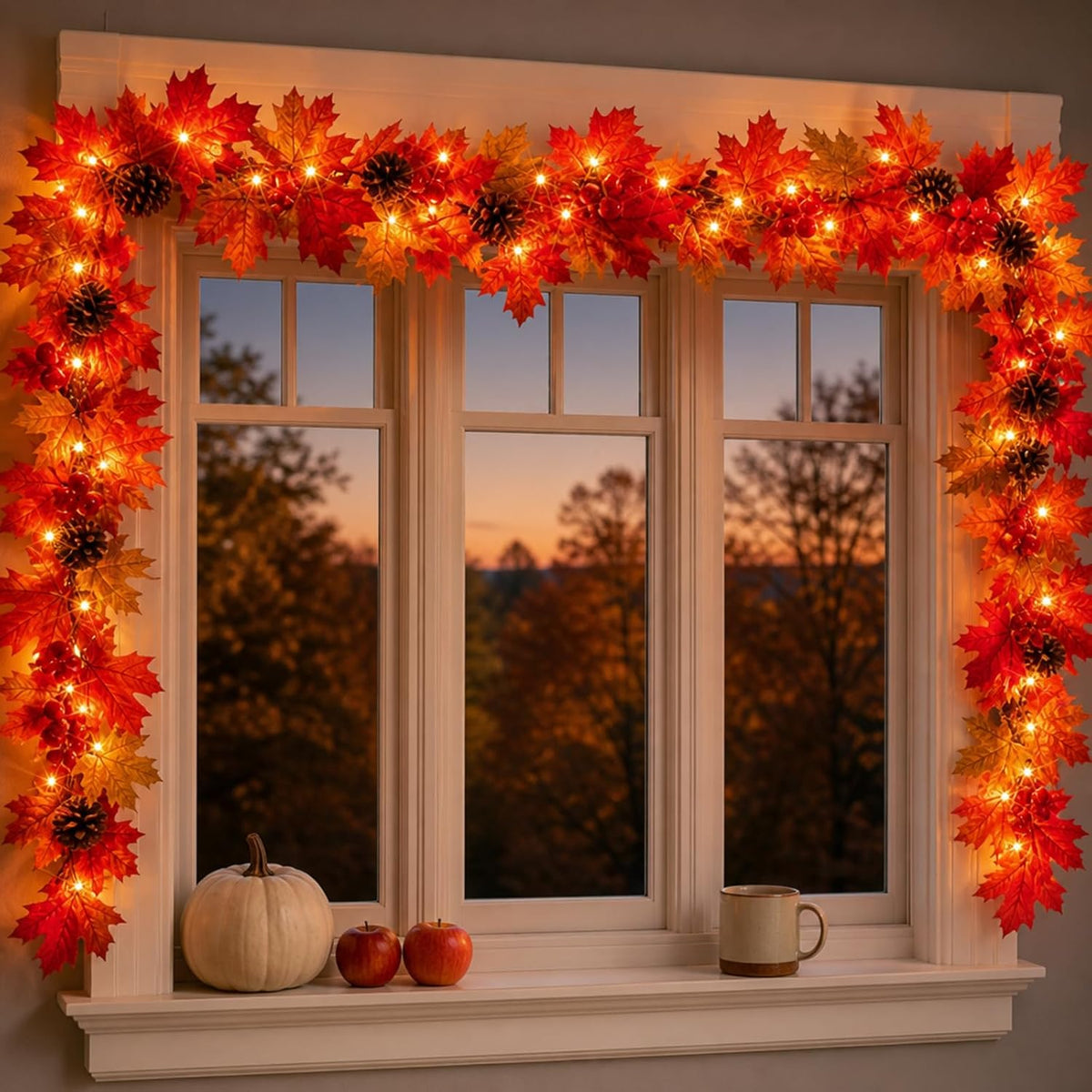 Harvest Lane Lighted Fall Garland 9ft Certified Safe with Incandescent Bulbs – Flameless Harvest Mantel Decor for Family Room Kids Playroom