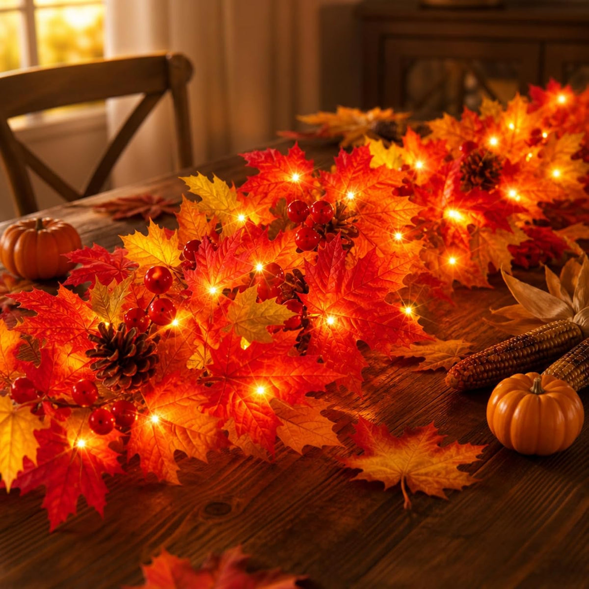 Harvest Lane Lighted Fall Garland 9ft Certified Safe with Incandescent Bulbs – Flameless Harvest Mantel Decor for Family Room Kids Playroom