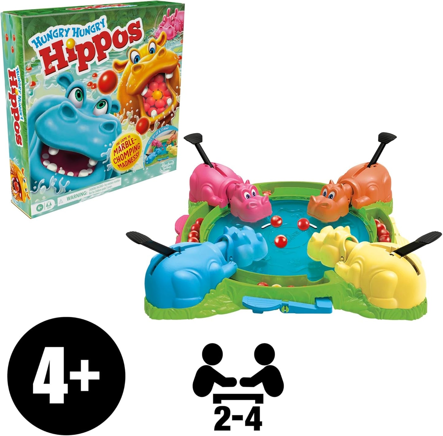 Hasbro Gaming Hungry Hungry Hippos Game – Ready-to-Give Holiday Present for Preschoolers, Includes Bonus Golden Marble and Storage Case