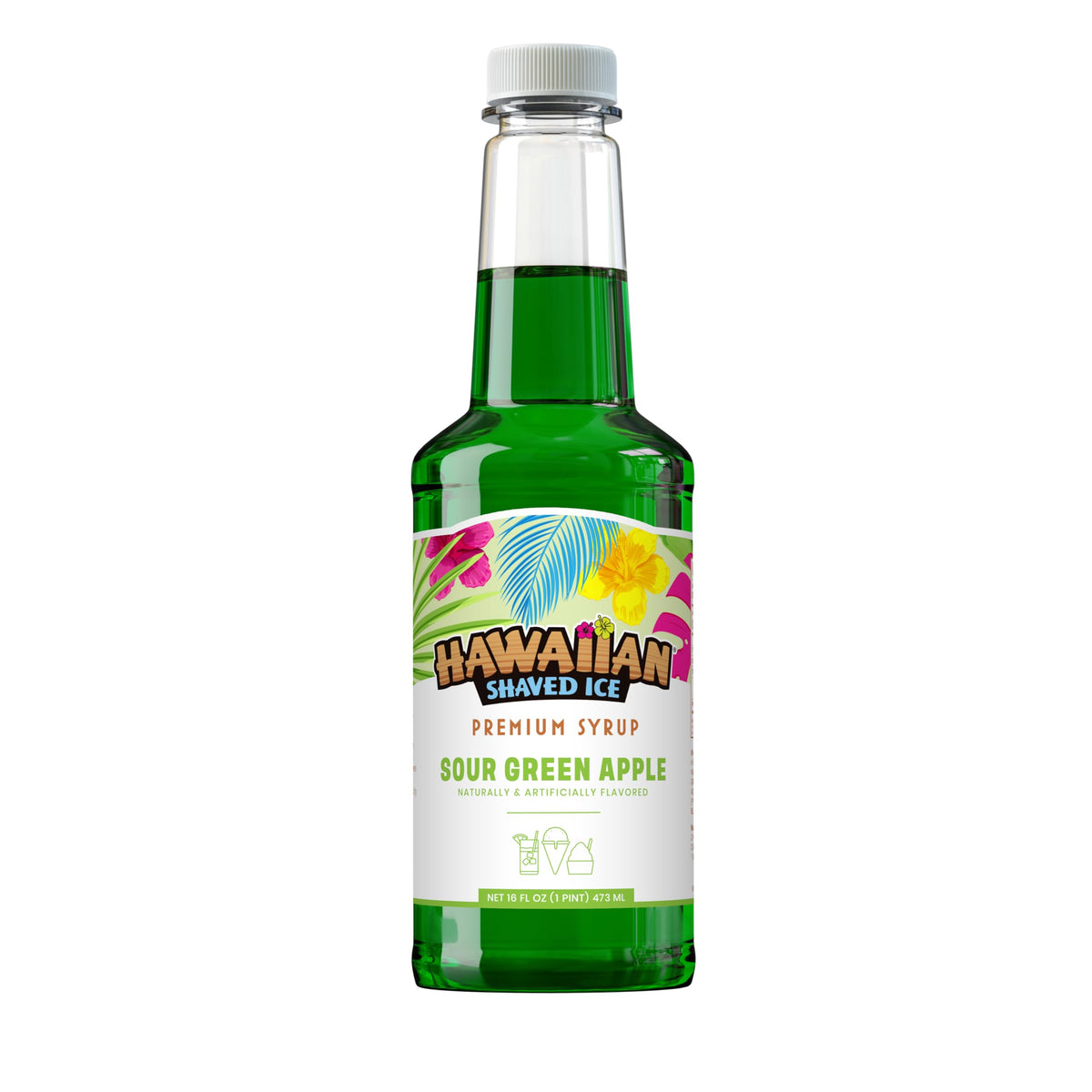 Hawaiian Shaved Ice Sour Green Apple Syrup - Nut Soy Dairy Free - Flavor Fluffy &amp;amp; Crunchy Snow Cones - Shelf Stable - Makes 8 Servings - 16 ounces