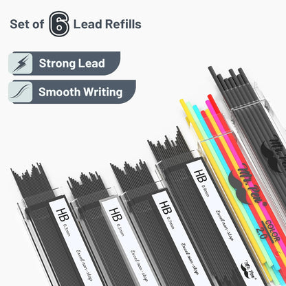 hb hardness lead refills included (5 sets) plus 10 eraser refills