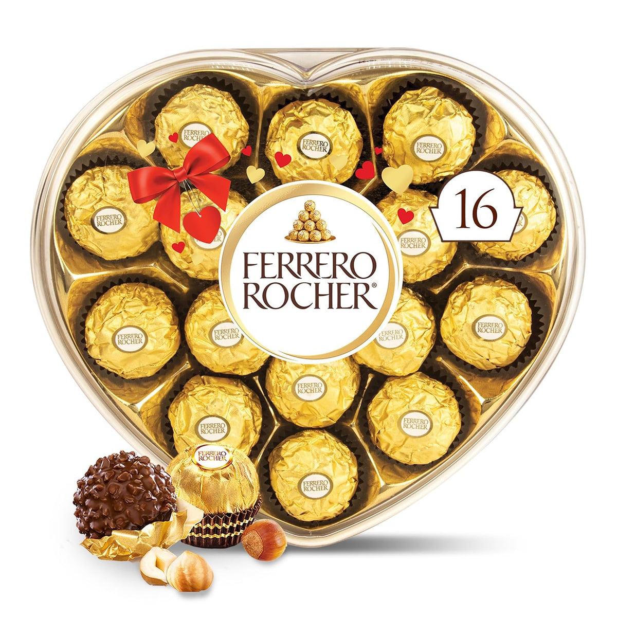 heart-shaped decorative gift box with 16 individually wrapped chocolates