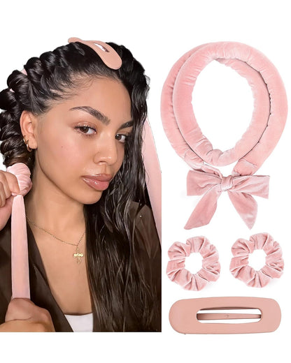 heatless ribbon-wrap curling mechanism (no electricity or hot tools needed)