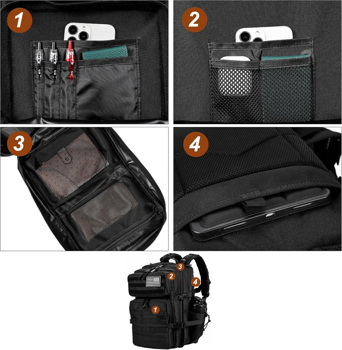 heavy-duty zippers with utility-style cord pulls and ventilated mesh-padded back panel and shoulder straps