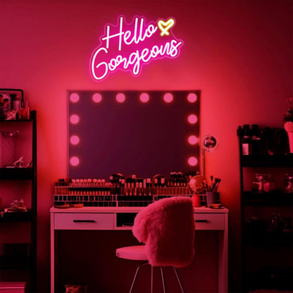 Hello Gorgeous Neon Sign – Simple Pink LED Light for Clean Aesthetic Bedrooms, USB-Powered with One-Touch Dimmer