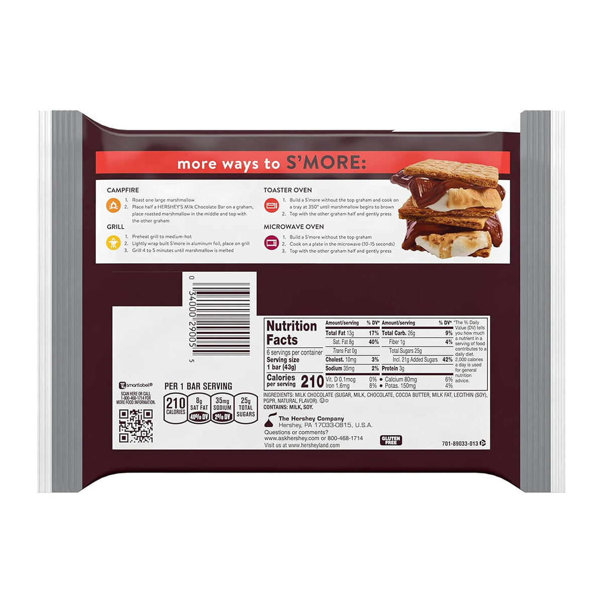 HERSHEY'S Milk Chocolate Bars – Camping Trip Essential for Campfire S'mores, 6 Full-Size Individually Wrapped Bars