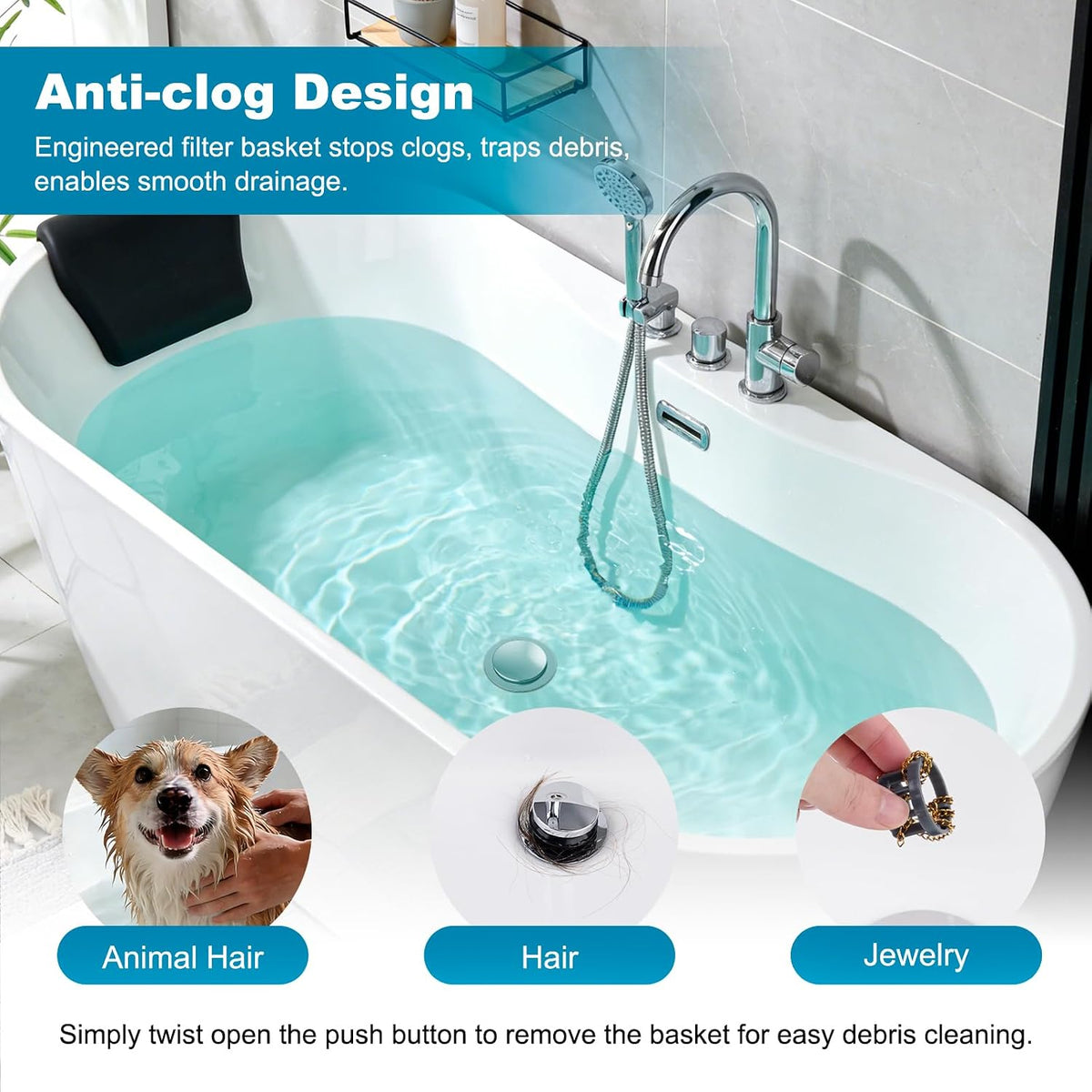 Hibbent 3 in 1 Pop Up Bathtub Stopper – Minimalist Bathroom Hardware in Matte Black and Brushed Nickel for Uncluttered Spaces