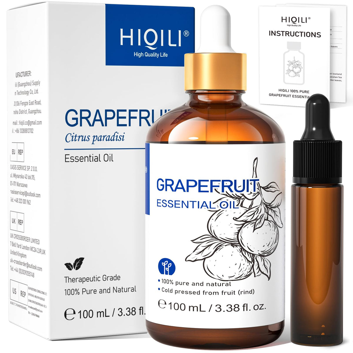 HIQILI 100 ml Grapefruit Essential Oil, for Diffuser, Skin Care, 100% Pure and Natural - 3.38 Fl Oz