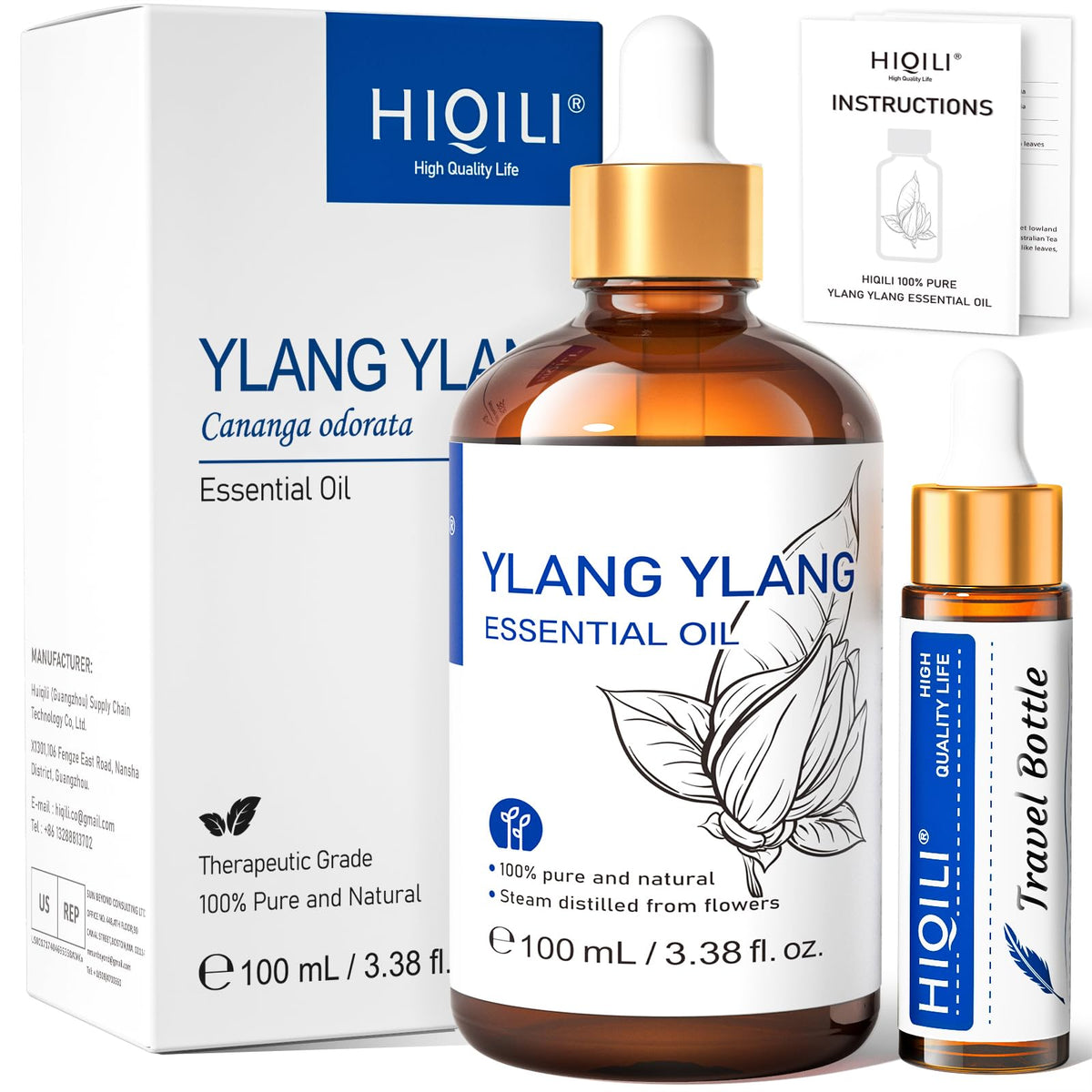 HIQILI Ylang-Ylang Essential Oil, Long-Lasting Scent for Diffuser, Perfumes, Aromatherapy, DIY - 3.38 Fl Oz