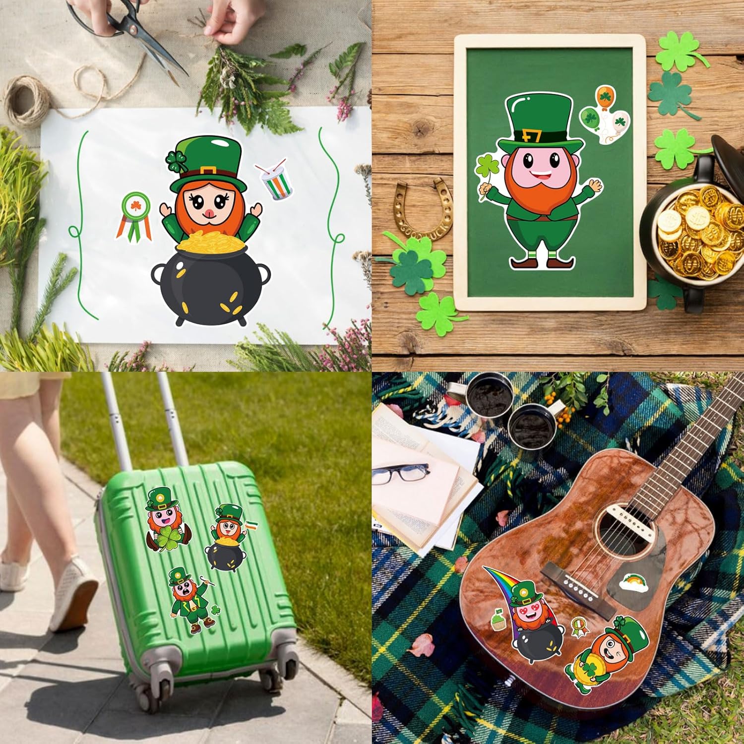 holiday-themed motifs including leprechauns, shamrocks, rainbows, and pots of gold