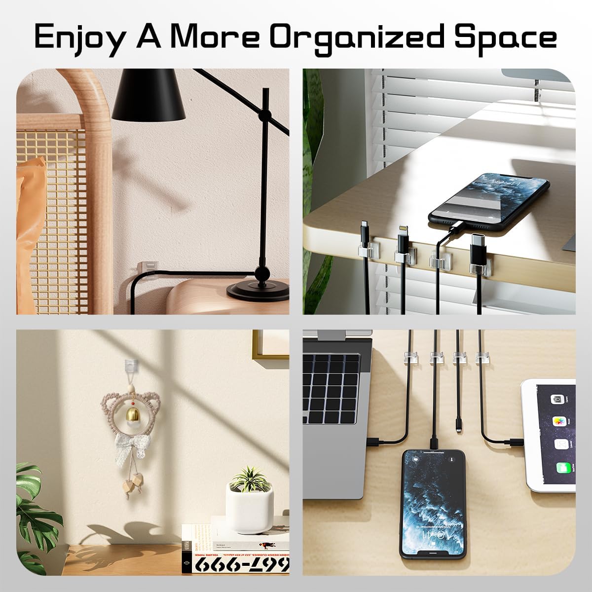 HOLIDAYOWL Clear Cable Clips for Bedroom Aesthetic, No-Drill Adhesive Hooks for String Lights and Cord Organization on Walls