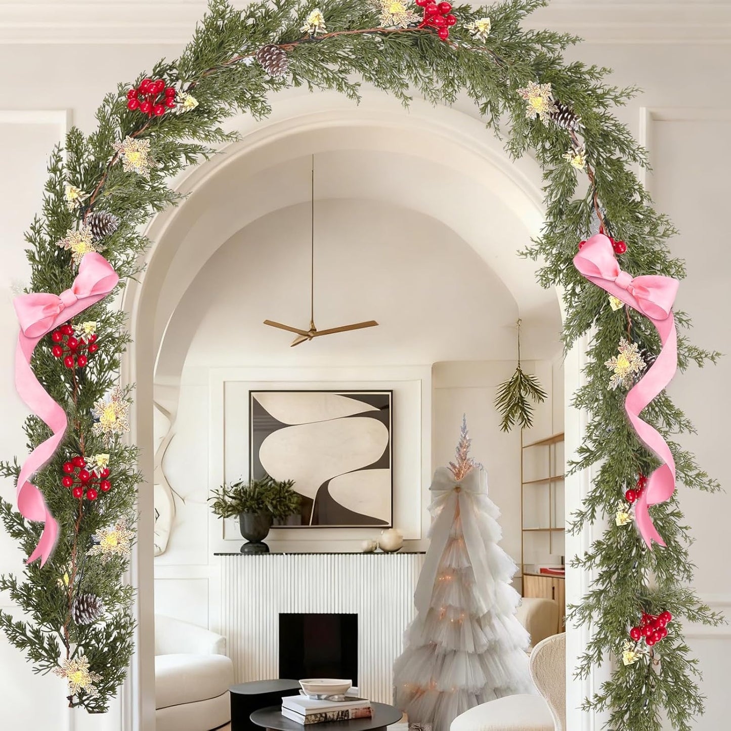 HolyNook Studio Flameless Garland – Worry-Free Family Room Christmas Decor with Cool LED Bulbs