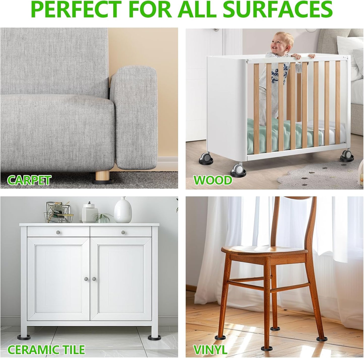 HOME TECH DECOR Furniture Grippers – Nursery-Safe Floor Protectors for Crib Legs and Rocking Chairs, Clear 8 Pack