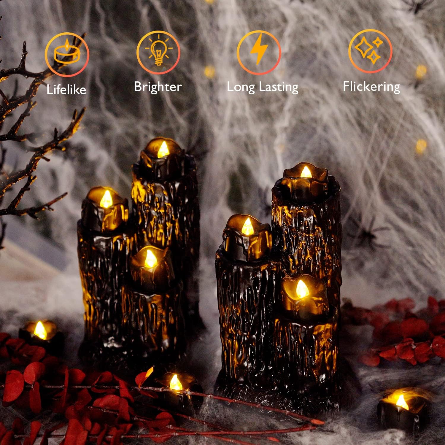 Homemory 24-Pack Drip Style LED Tea Lights – Spooky Black Halloween Candles Gift Set for Hosts, Brides & Gothic Home Decor Lovers