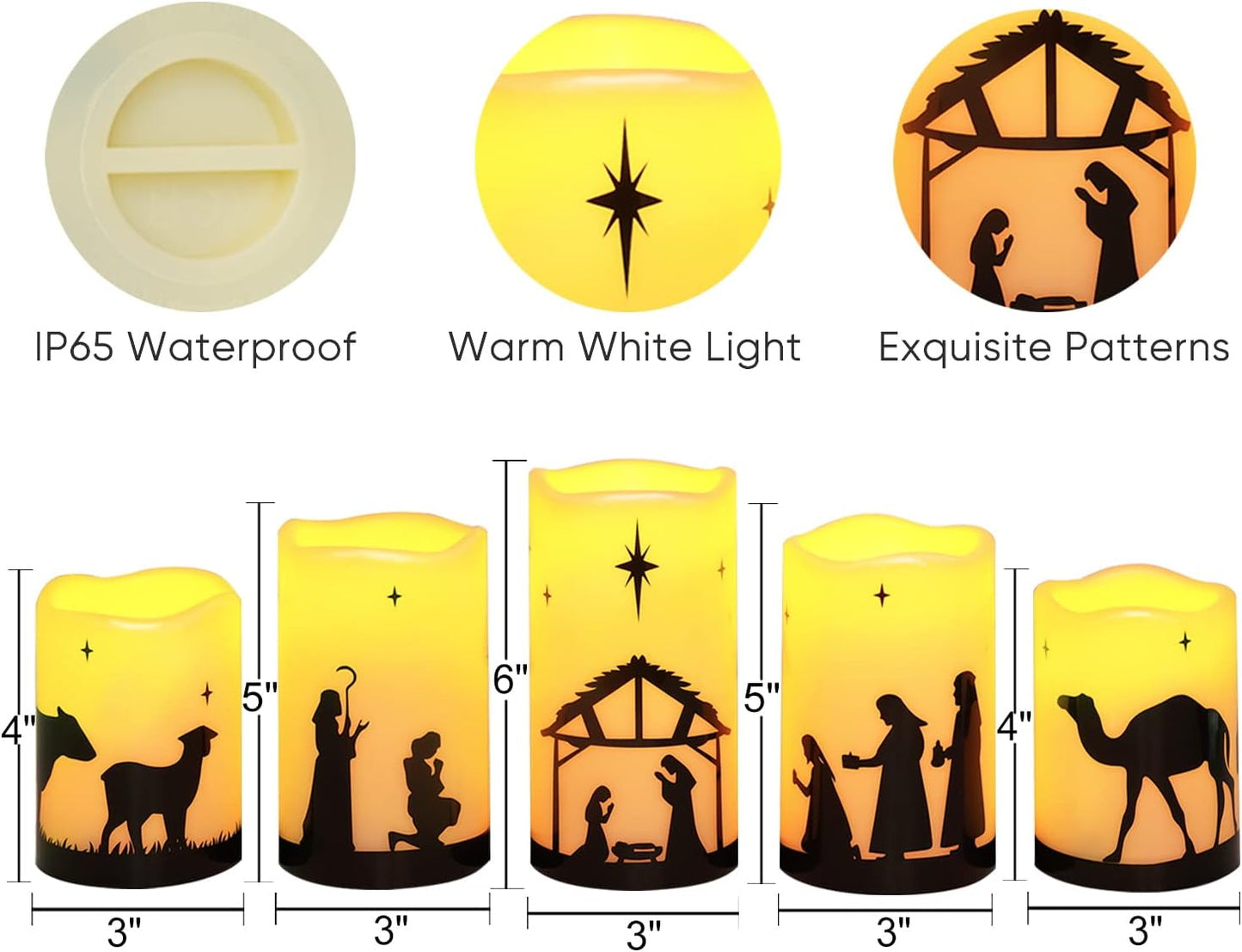 Homemory Child-Safe Nativity LED Candles - Nursery and Playroom Christmas Decor with No Flame, Battery Set of 5