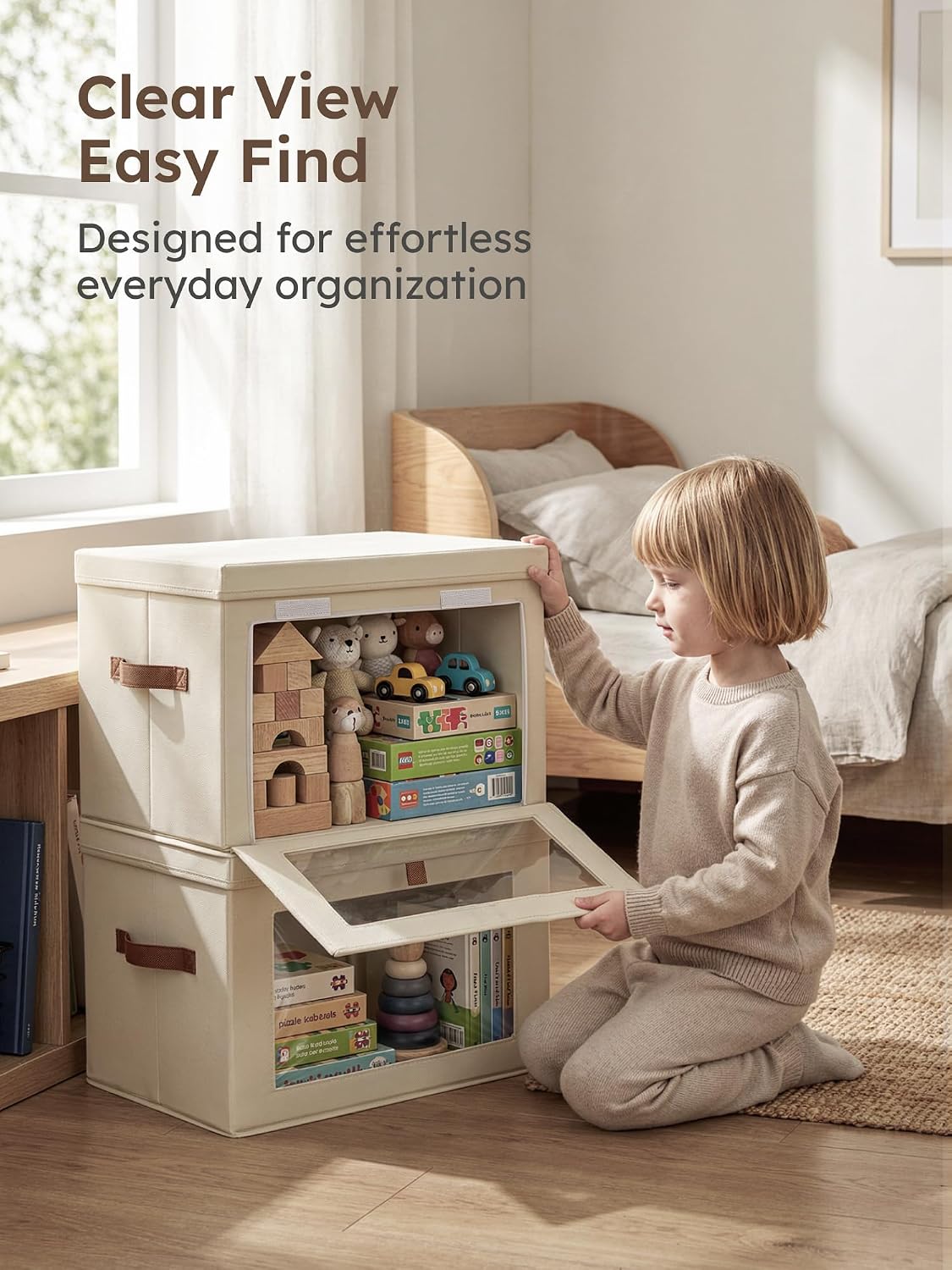 Homsorout Nursery Storage Organizer with Clear Window - Visible Toy and Blanket Storage for Playrooms, Beige Large