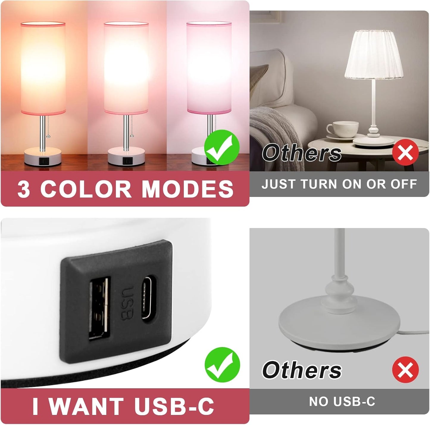 Hong-in Slim Bedside Lamp – Minimalist 4.5-Inch Nightstand Light with Hidden USB Ports, 3 Color Modes, Pull Chain