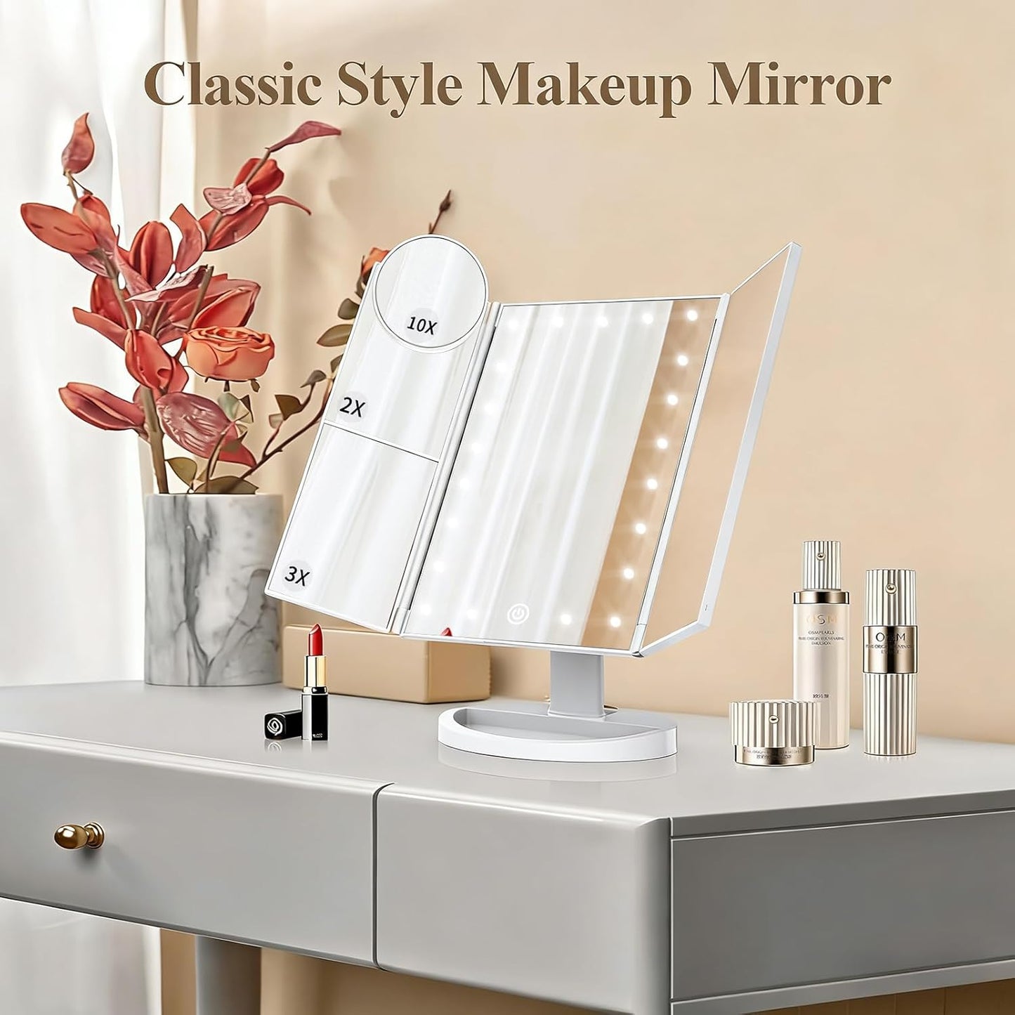 HUONUL Lighted Trifold Mirror – Designer Approved Vanity Statement Piece, Touch Dimmable Makeup Mirror in Rose Gold and Black