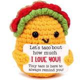 Soft crochet taco plush – safe, no-battery squeeze toy for playroom shelves and kids' bedroom decor